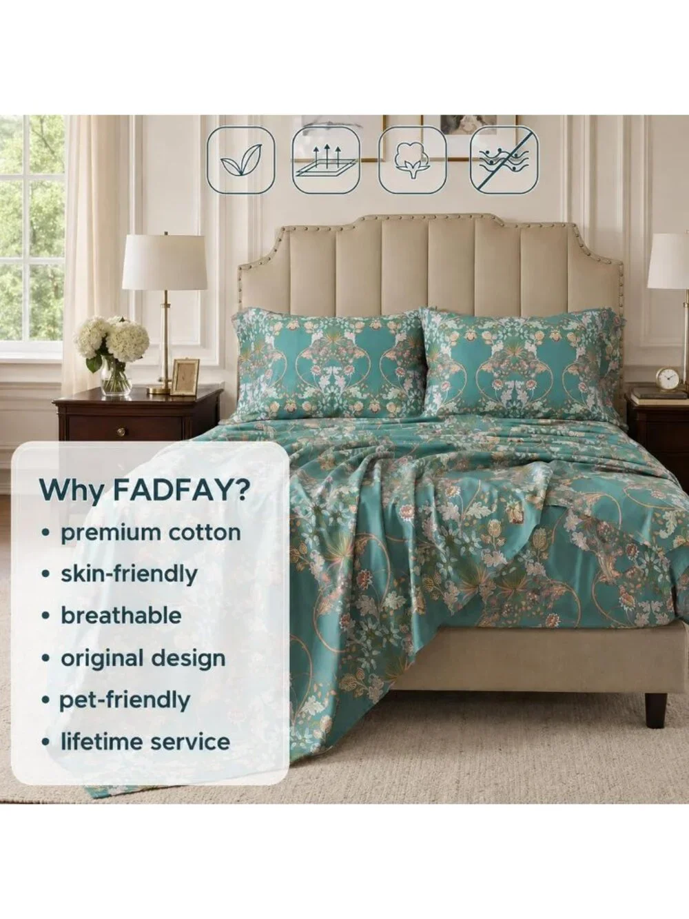 Luxury 100% Cotton Percale King Sheet Set - Teal Floral Print, Soft & Breathable